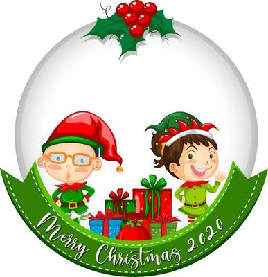 Blank circle banner with Merry Christmas 2020 and cute elf