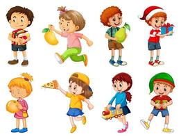 Conjunto de diferentes niños jugando con sus juguetes personaje de dibujos animados aislado sobre fondo blanco. vector