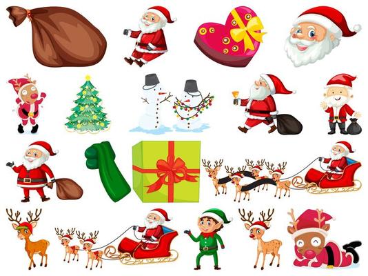 Set of Santa Claus cartoon character and Christmas objects isolated on white background