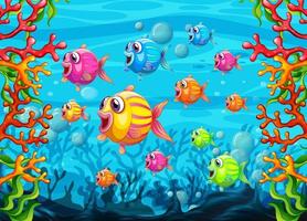 Many exotic fishes cartoon character in the underwater background vector
