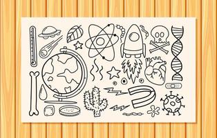 Different doodle strokes about science equipment on a paper vector