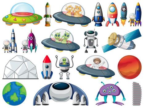 Set of space objects and elements isolated on white background vector