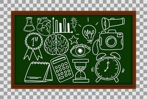 Different doodle strokes about science equipment on chalkboard on transparent background vector