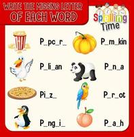 Write the missing letter of each word worksheet for children vector