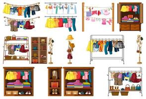 Conjunto de ropa, accesorios y armario aislado sobre fondo blanco. vector