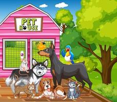 Group of pet in the park scene vector