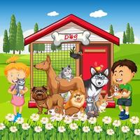 Group of pet with owner in the park scene vector
