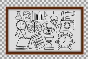 Different doodle strokes about school equipment in wooden frame on transparent background vector