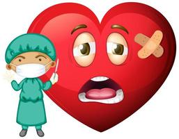 emoticon de corazón triste con un doctor con máscara de personaje de dibujos animados vector