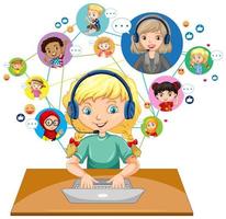 Front view of a girl using laptop for communicate video conference with teacher and friends on white background vector