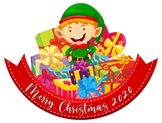 Merry Christmas 2020 font banner with cute elf and many gifts on white background