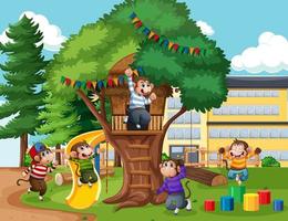 Five little monkeys jumping in the park playground scene vector