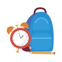 Bolso escolar con reloj despertador sobre fondo blanco. vector