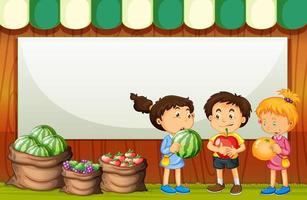 Blank banner with three kids in fruit market theme vector