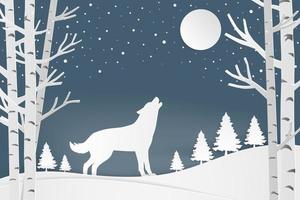 arte de papel lobo en el bosque escena de invierno vector