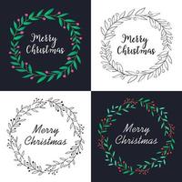 Christmas wreath with floral decoration and lettering set vector