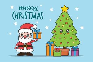 Kawaii Christmas Card with Santa and Tree vector