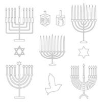 Black outline Hanukkah menorah and dreidel digital stamps vector