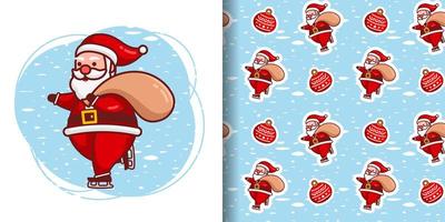Christmas Cute Santa with Ice Skates Cartoon Pattern vector