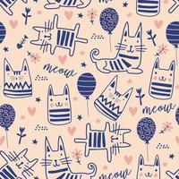 Cat seamless pattern with cute doodle drawing. vector