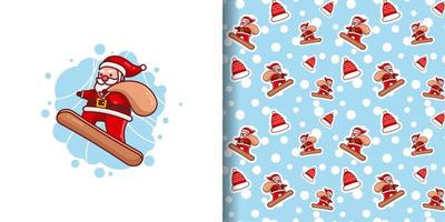 Christmas Cute Santa Delivering Gifts on Snowboard Cartoon Pattern vector