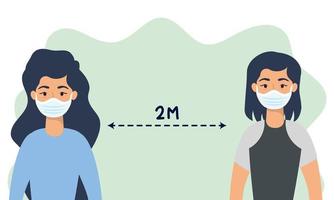Women with face masks practicing social distancing vector