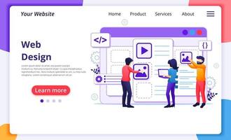 concepto de diseño web, personas creando un diseño de aplicación web vector