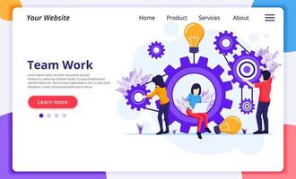 Teamwork concept, people assembling a series of cogs vector