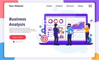 Business Analysis concept, People work in front of a big laptop. Auditing, Financial consulting. Modern flat web page design for website and mobile development. Vector illustration