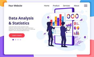 Data Analysis concept, People work in front of a big mobile phone. Auditing, Financial consulting. Modern flat web page design for website and mobile development. Vector illustration