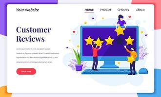 Landing page design concept of Customer reviews concept, People giving five stars rating and review, positive feedback. Customer Service and User Experience. Flat vector illustration