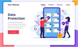 Data protection concept, people protecting data and files on a giant smartphone. Modern flat landing page design for website and mobile website. Vector illustration