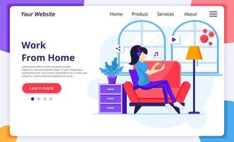 Working from home concept, a woman sitting on a sofa vector