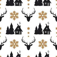 Christmas seamless pattern with deers, snowflakes and trees vector