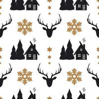 Christmas seamless pattern with deers, snowflakes and trees vector