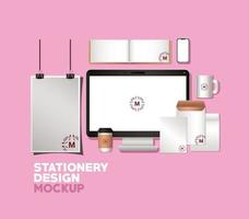 Computer and branding mockup set design vector