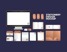 Computer and branding mockup set design vector