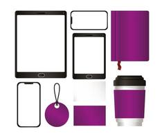 Tablet and mockup set with purple branding design vector