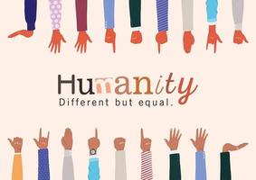 humanidad diferente pero igual y diversidad de manos vector