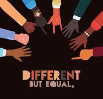 Different but equal and diversity skins hands signs design vector