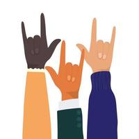 Rock sign with hands of different types of skins vector