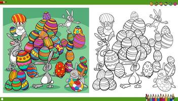 Easter bunnies with color eggs coloring book page vector