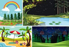 Four different scenes in nature setting cartoon style vector