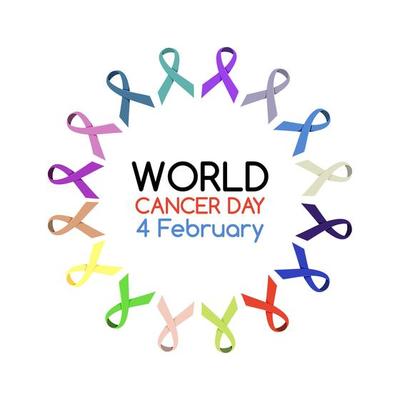 World Cancer Day logo or banner with many ribbons