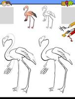 Drawing and coloring worksheet with flamingo bird vector