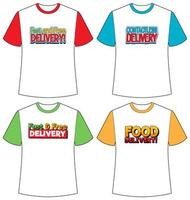 Set of different types of delivery logo screen on different colour t-shirt isolated vector
