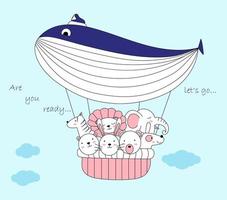 Hand drawn cute baby animals in whale air balloon vector