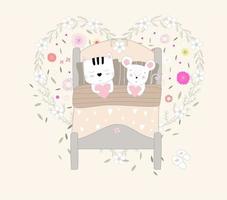 Cute baby cat and rat in bed vector