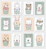 Hand drawn cute baby animals in buckets cards vector