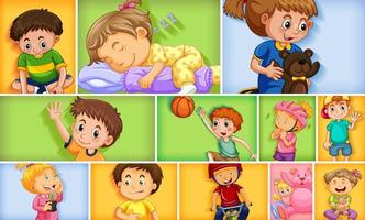 Set of different kid characters on different color background vector